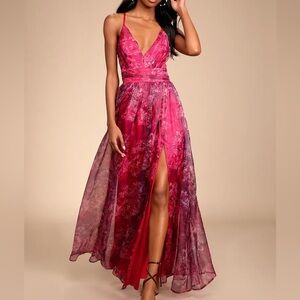 Romance That Wows Magenta Floral Print Organza Maxi Dress